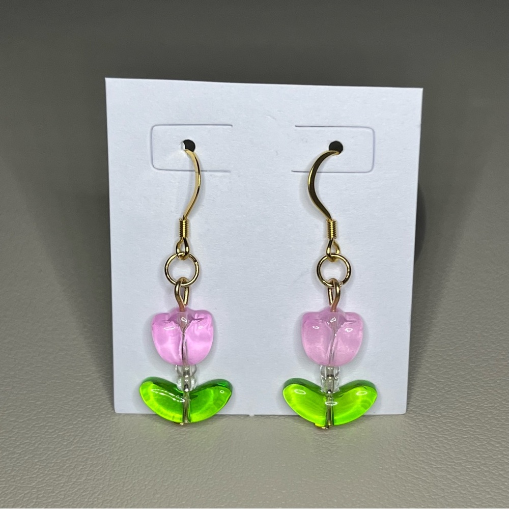 Pink Tulip Charm Earrings - 18k Gold Plated
